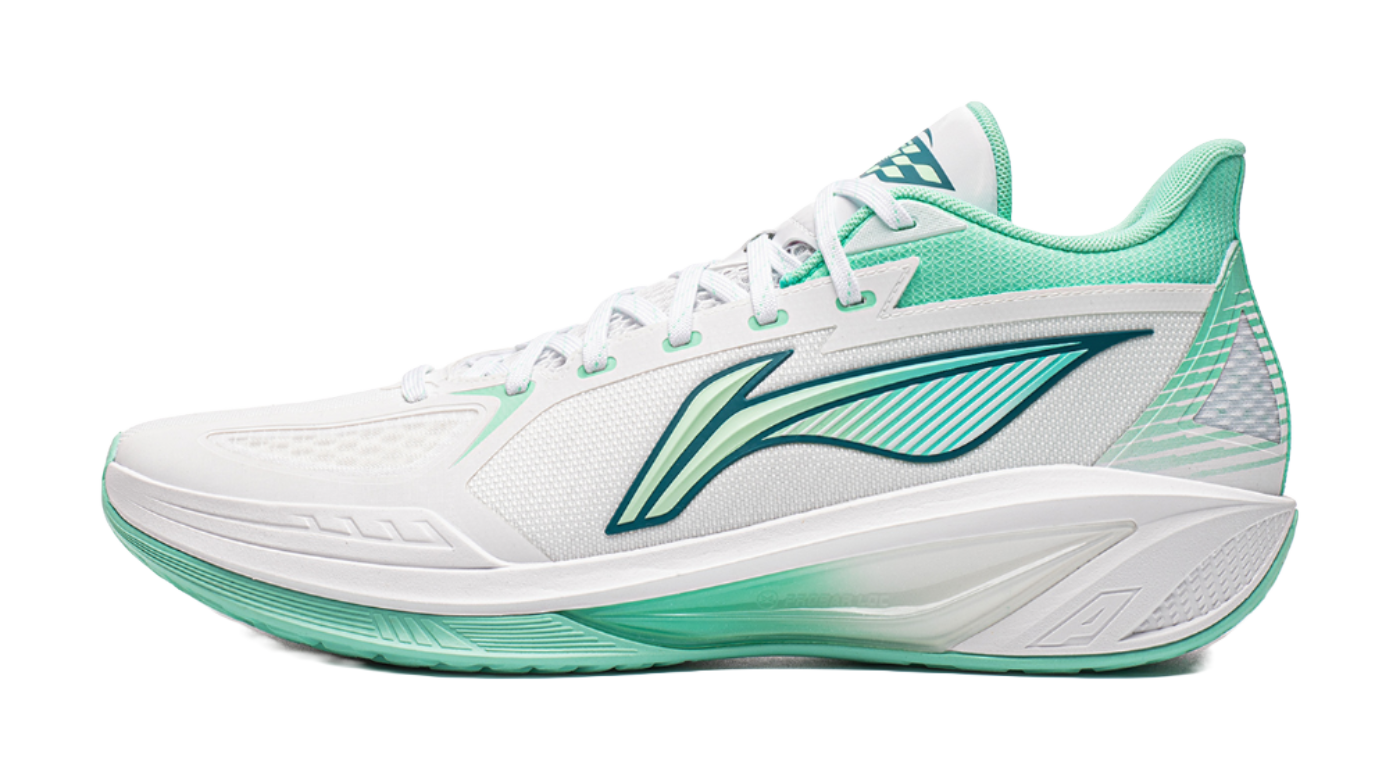 Low-top basketball shoes in white with fluorescent ice cyan trim and logo