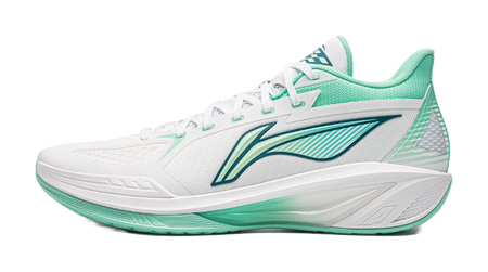 Low-top basketball shoes in white with fluorescent ice cyan trim and logo