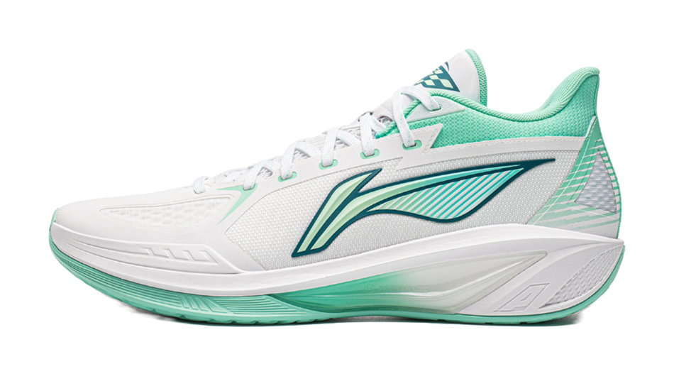 Low-top basketball shoes in white with fluorescent ice cyan trim and logo