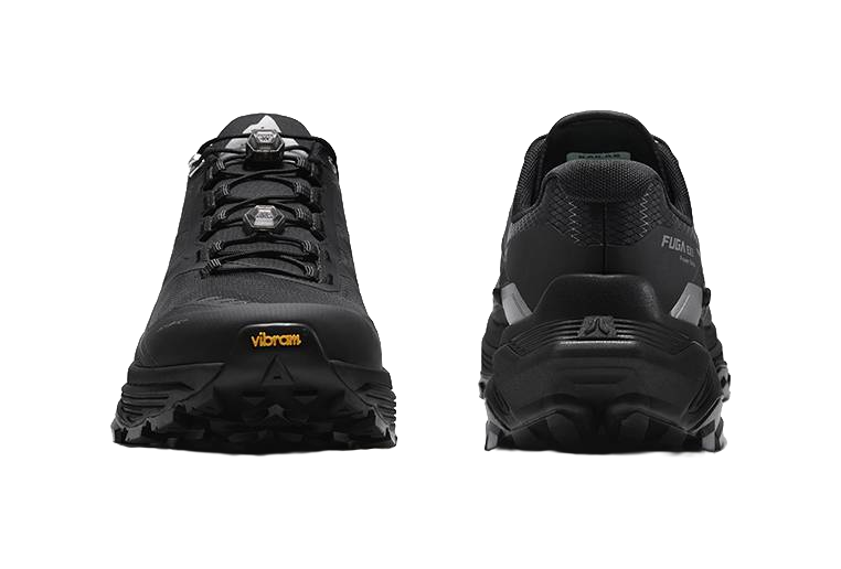 Pair of black trail running shoes showing front and heel views with tread sole