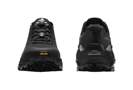 Pair of black trail running shoes showing front and heel views with tread sole