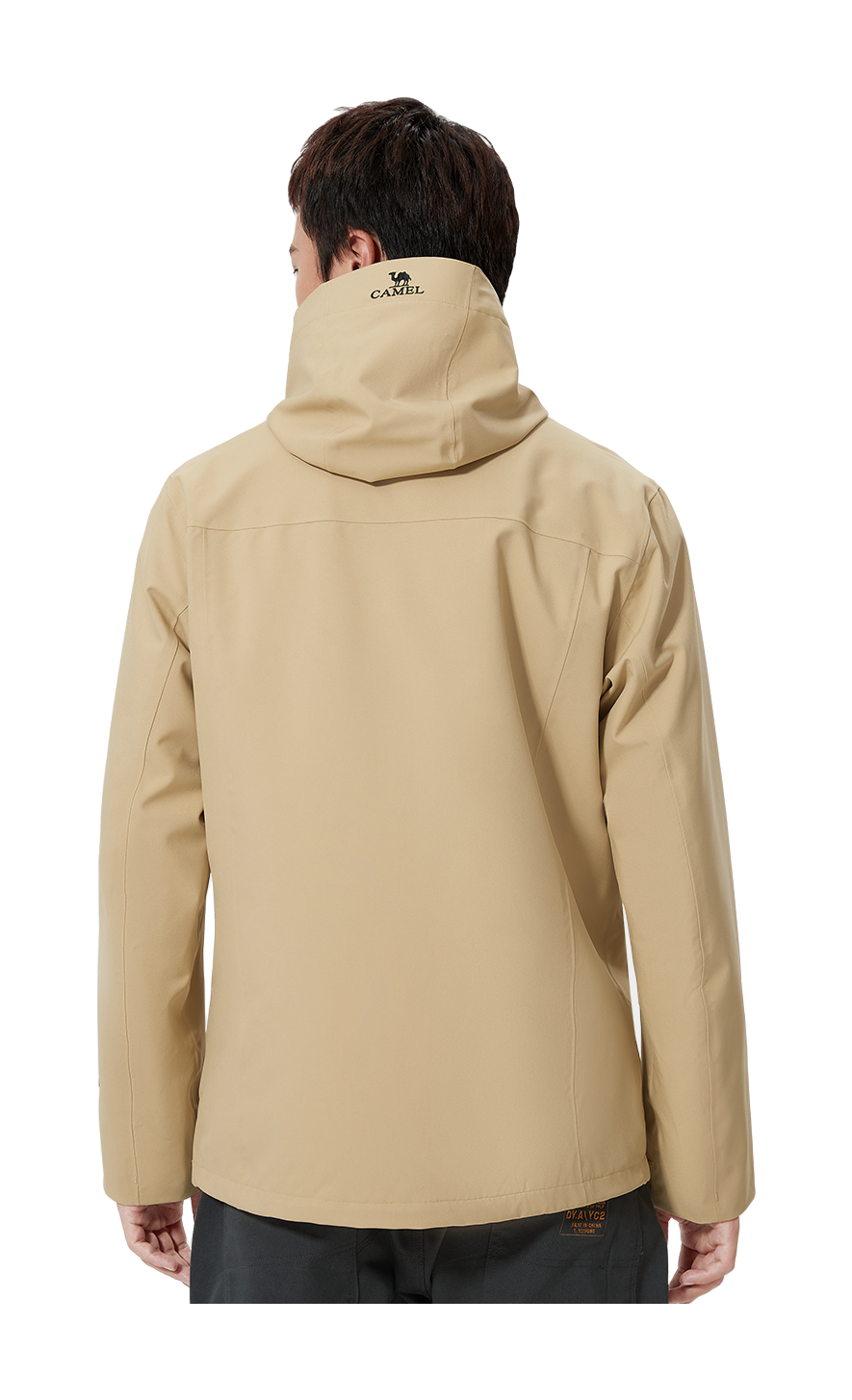 Beige hooded windbreaker jacket, back view with small logo near hood