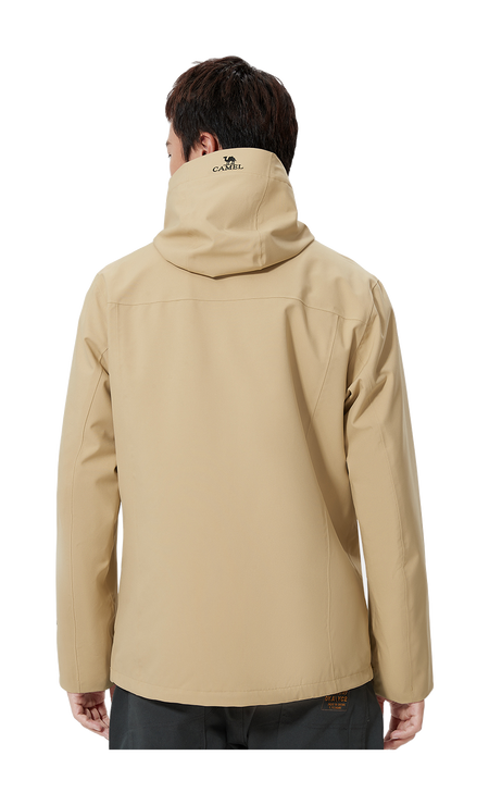 Beige hooded windbreaker jacket, back view with small logo near hood