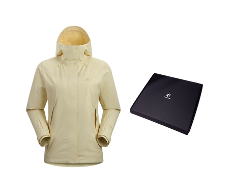 Women's pale yellow windbreaker jacket with adjustable hood, zip front, and side pockets.