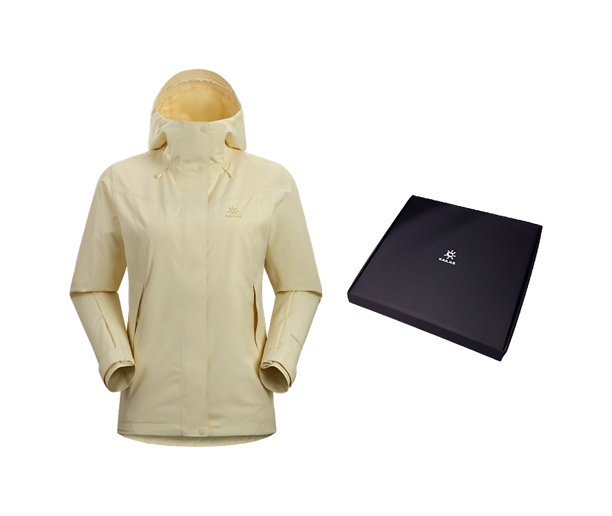 Women's pale yellow windbreaker jacket with adjustable hood, zip front, and side pockets.