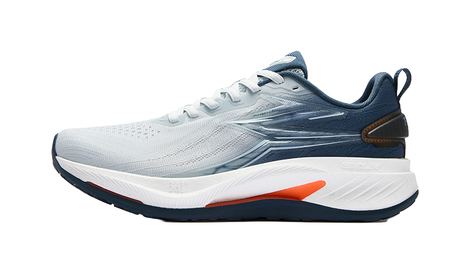 Men's low-top running shoes in light blue with white sole and orange accent stripe