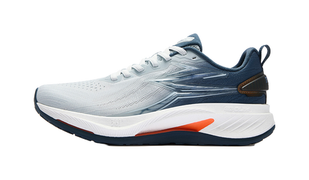 Men's low-top running shoes in light blue with white sole and orange accent stripe