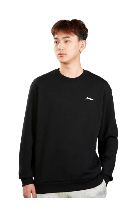 Men's black crew-neck sweatshirt with small chest logo, long sleeves