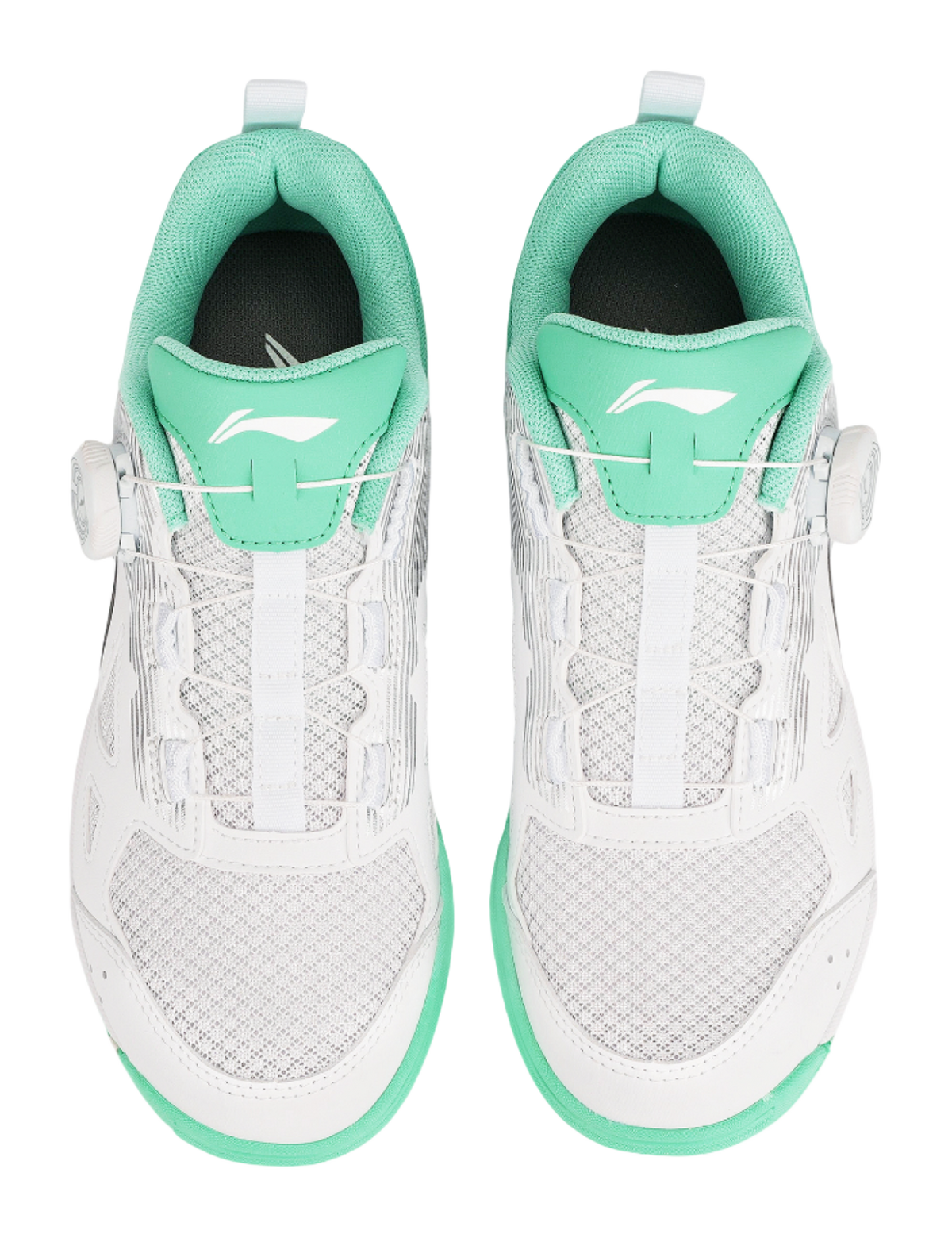 Table tennis shoe pair back view in white with mint-green heel panels and straps
