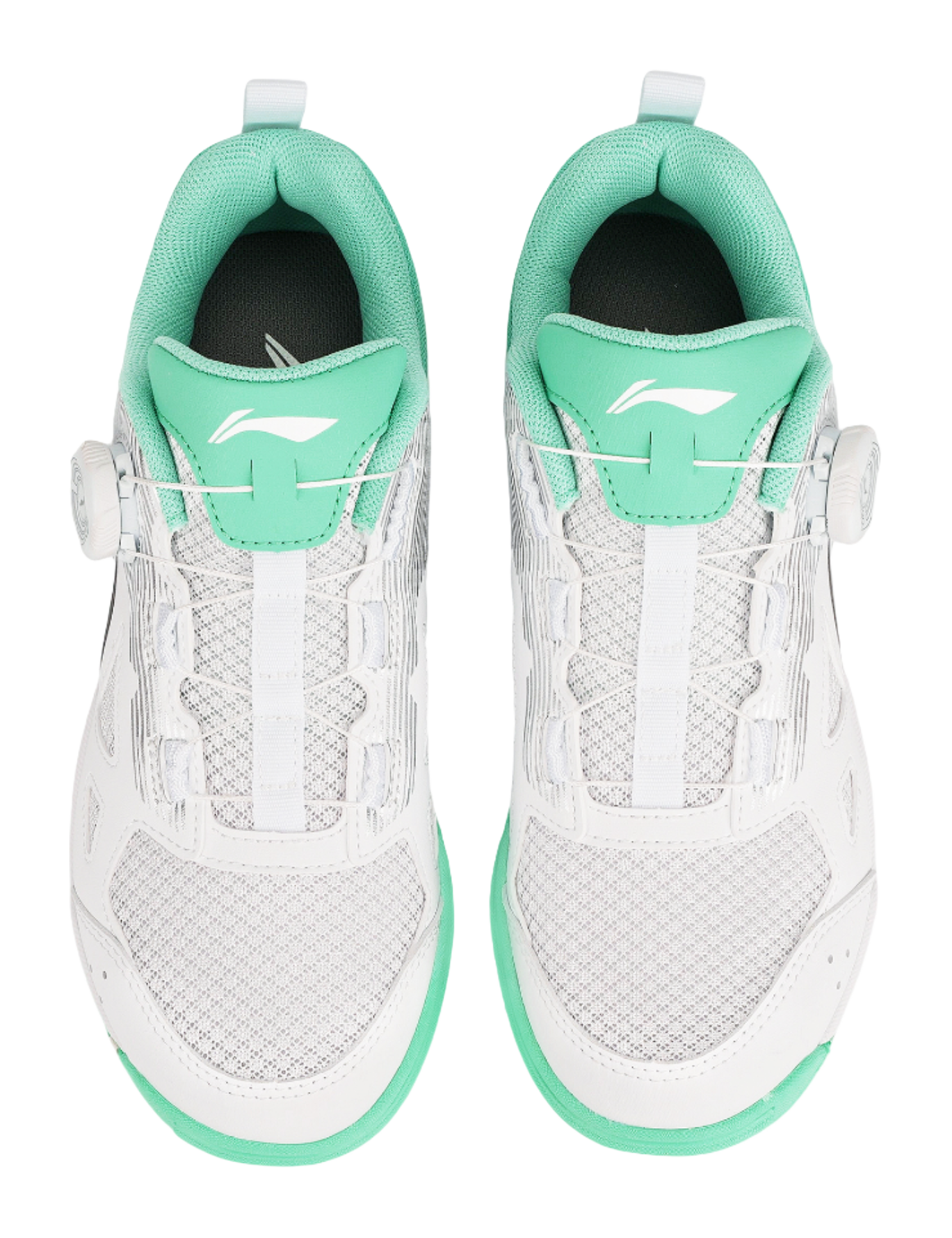 Table tennis shoe pair back view in white with mint-green heel panels and straps