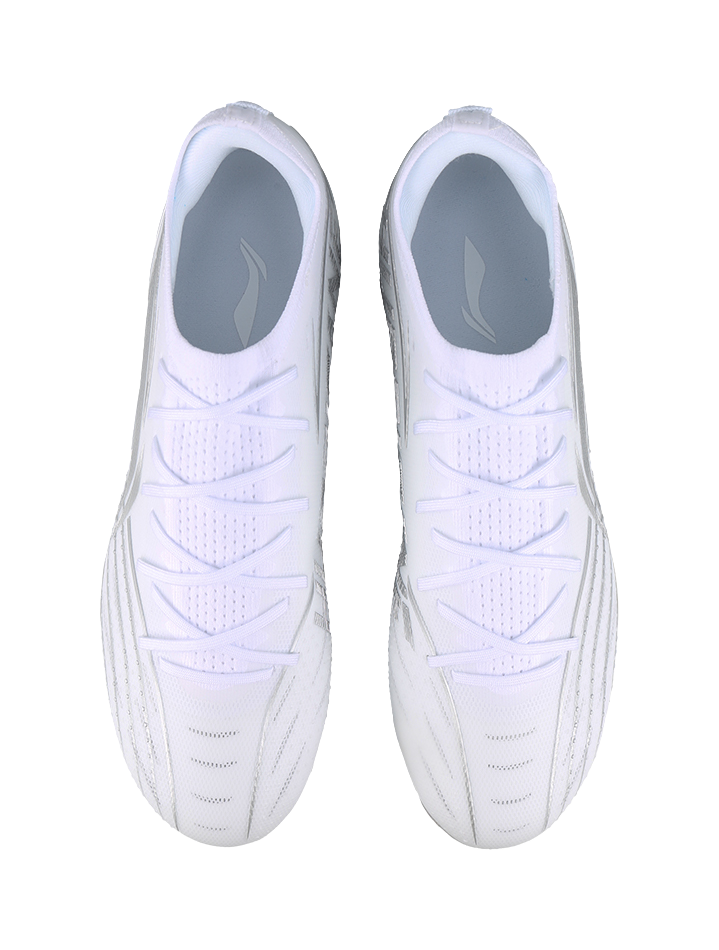 White silvery soccer cleat pair, rear view with lace-up uppers and studs.