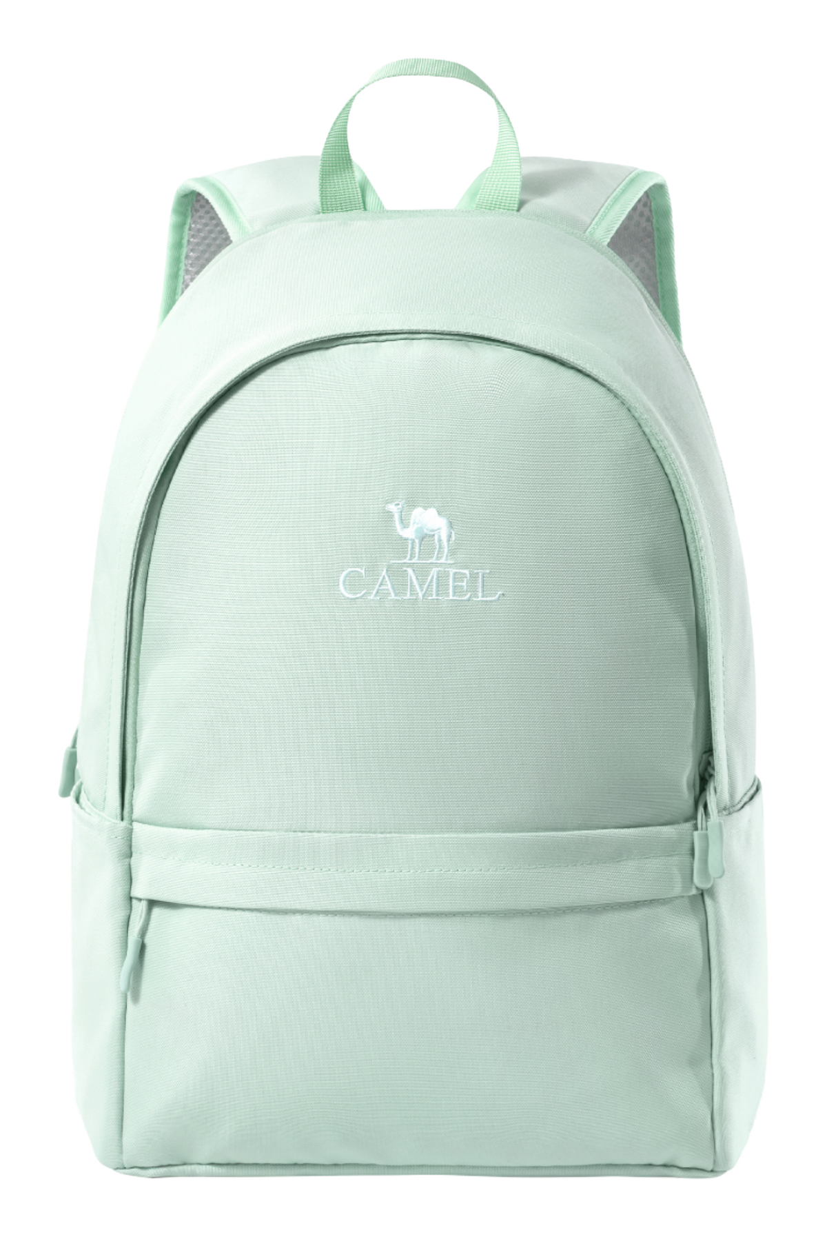 Mint green 18L outdoor backpack with front zip pocket and top handle, CAMEL logo.