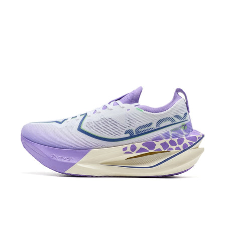 Women’s running shoe, white with purple accents and patterned heel, cushioned sole