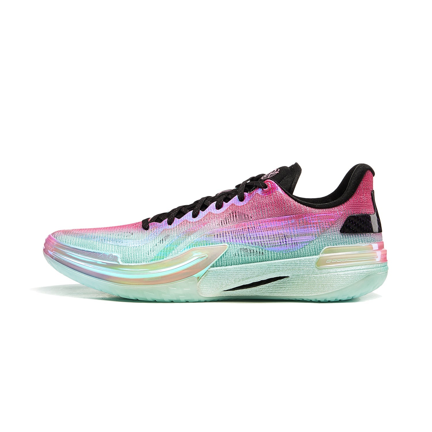 Unisex basketball shoe in pink and mint with black laces and low-cut upper.