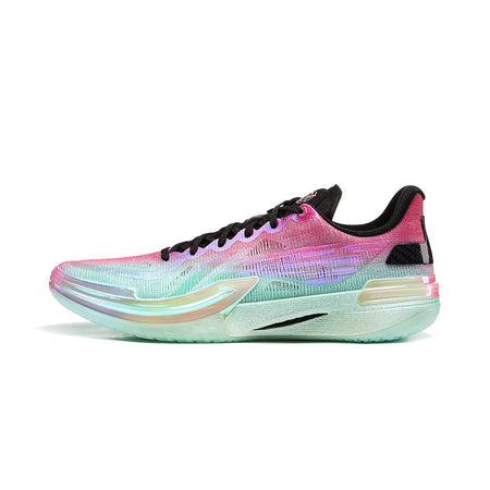 Unisex basketball shoe in pink and mint with black laces and low-cut upper.