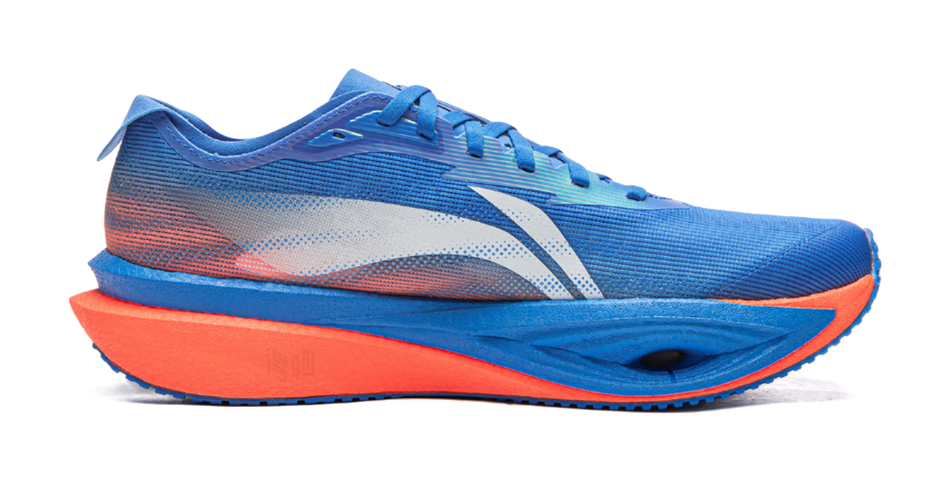 Li Ning unisex low-top running shoes, side view, deep blue with orange sole