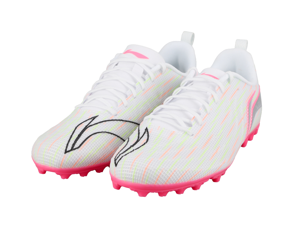 Pair of youth multi-ground soccer shoes, white laces, pink studded outsoles