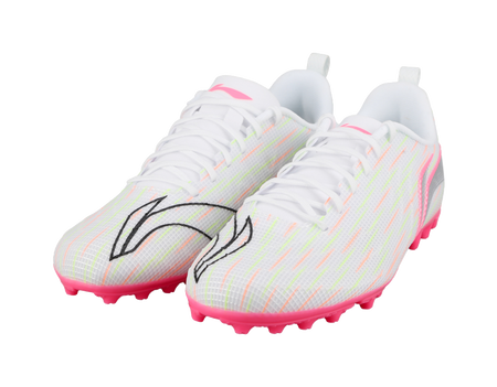 Pair of youth multi-ground soccer shoes, white laces, pink studded outsoles
