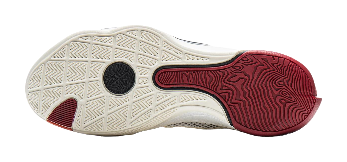 Basketball shoe outsole with white traction pattern and red rubber forefoot