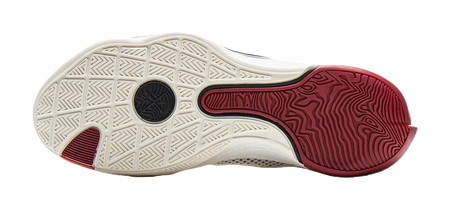 Basketball shoe outsole with white traction pattern and red rubber forefoot