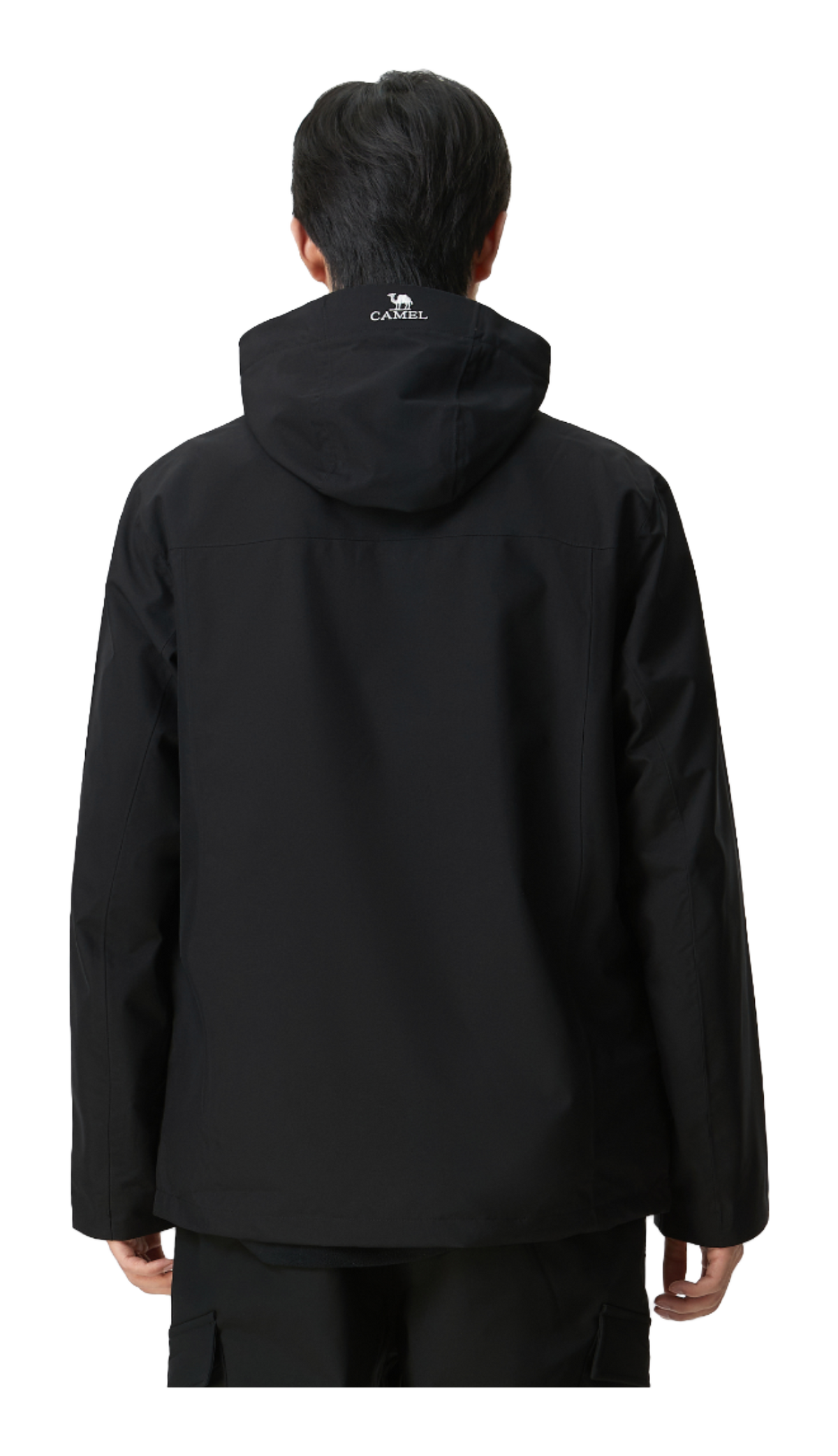 Black hooded windbreaker jacket, back view with hood and logo