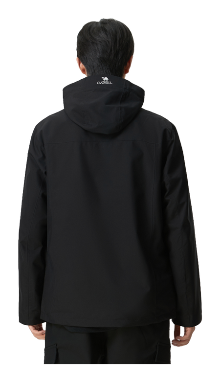 Black hooded windbreaker jacket, back view with hood and logo