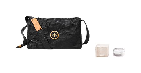 GROTTO black pleated sheepskin crossbody bag with tan label plus care accessories
