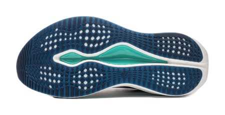 Underside of navy running shoe with teal accent and geometric tread pattern