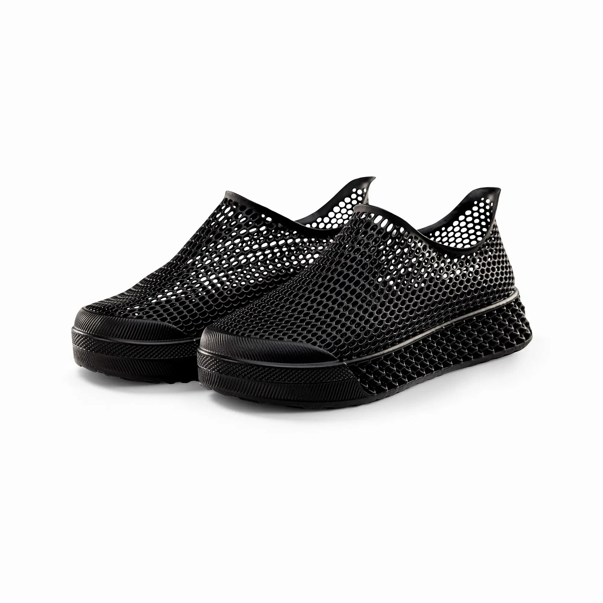 Black 3D-printed casual sneakers with slip-on stretch knit and thick rubber sole