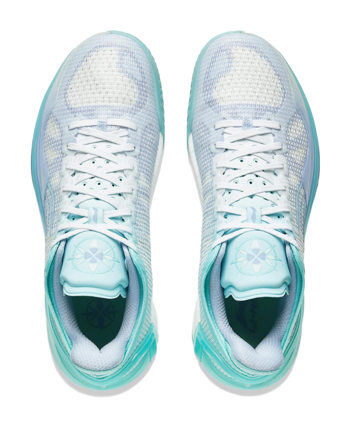 Pair of low-top basketball shoes, light blue knit upper with white laces and teal trim