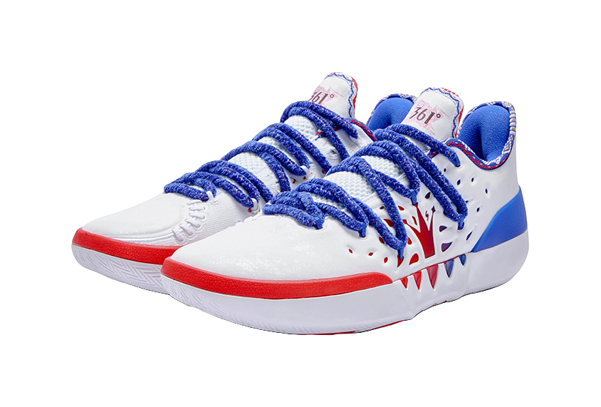 Pair of white low-top basketball shoes with blue laces and red toe and side accents