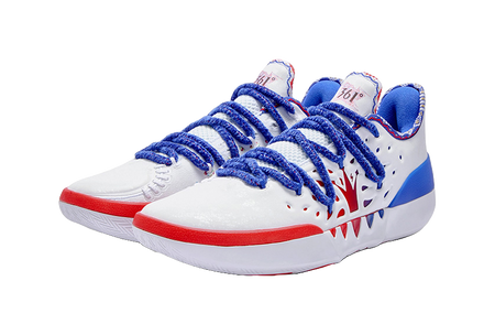 Pair of white low-top basketball shoes with blue laces and red toe and side accents