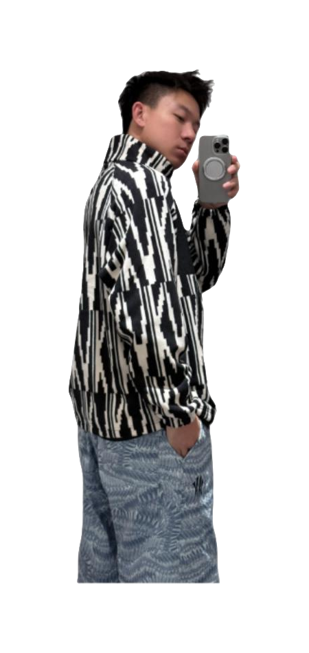 Side view of unisex zip-up sweatshirt jacket with black-and-white all-over pattern and collar.