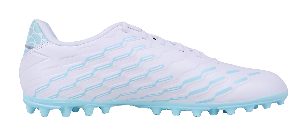 Men's multi-ground soccer cleat side view, white upper with light-blue graphic