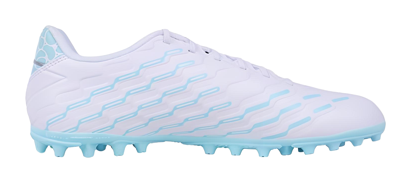 Men's multi-ground soccer cleat side view, white upper with light-blue graphic
