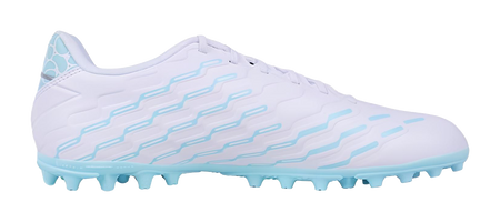 Men's multi-ground soccer cleat side view, white upper with light-blue graphic