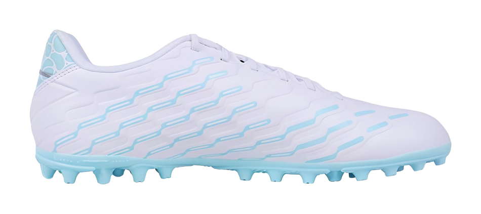 Men's multi-ground soccer cleat side view, white upper with light-blue graphic