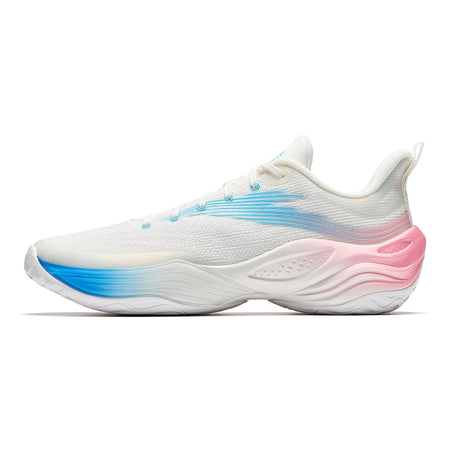 White basketball shoe with blue gradient upper and pink heel, lace-up and padded collar