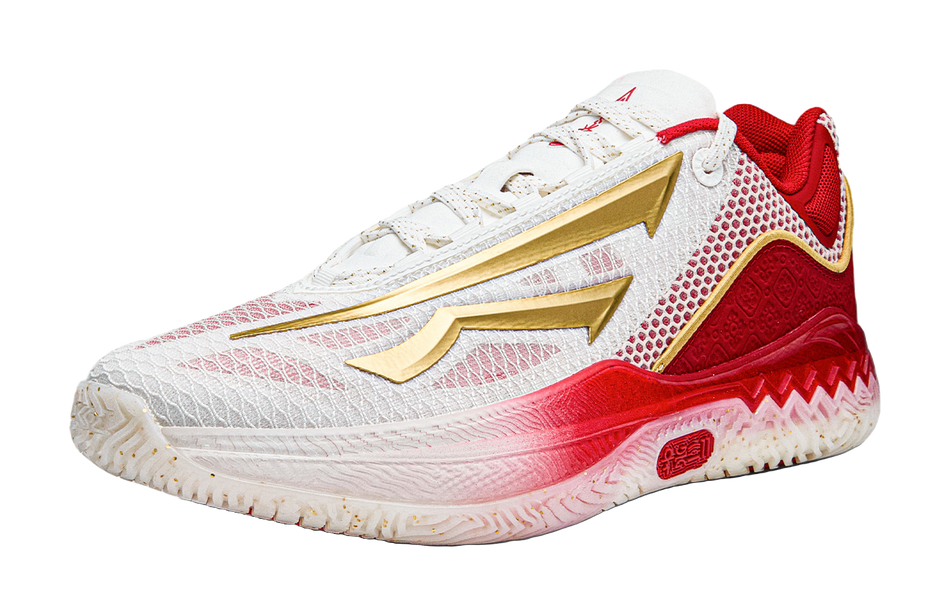 Low-top basketball shoes, white upper with red side mesh and gold chevron details