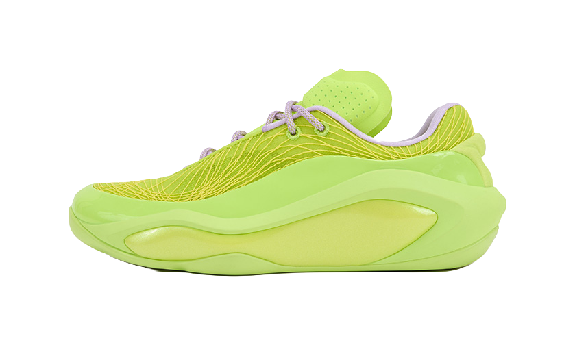 Neon green basketball shoes with lace-up front and cushioned collar