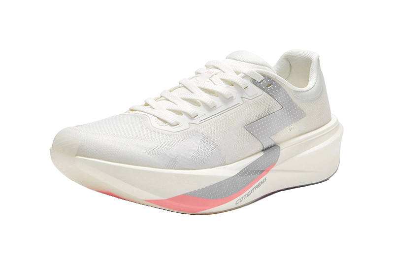 Low running shoe with lace-up front, silver white mesh upper and pink outsole edge.