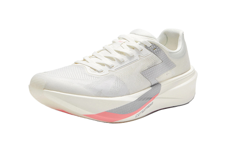 Low running shoe with lace-up front, silver white mesh upper and pink outsole edge.