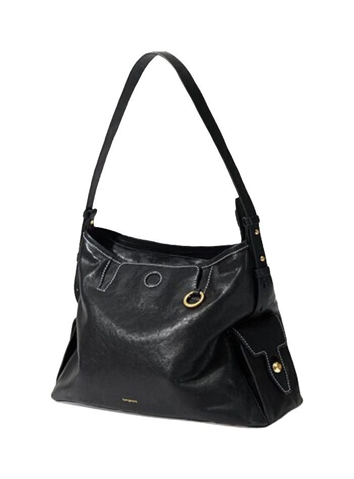 Dark navy leather hobo shoulder bag with short handle, crossbody strap, and side tab