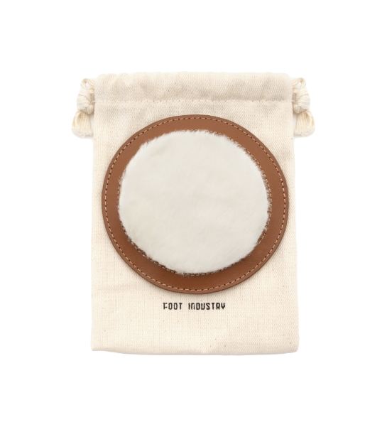 Cotton shoe dust bag with brown leather circular patch and stitched logo