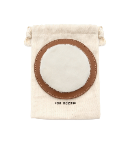 Cotton shoe dust bag with brown leather circular patch and stitched logo