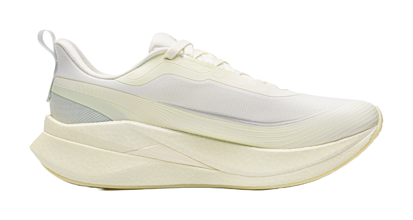 Women's low-top running shoes, off-white upper with pale yellow midsole and light blue stripes