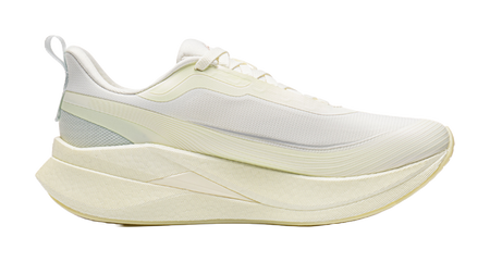 Women's low-top running shoes, off-white upper with pale yellow midsole and light blue stripes