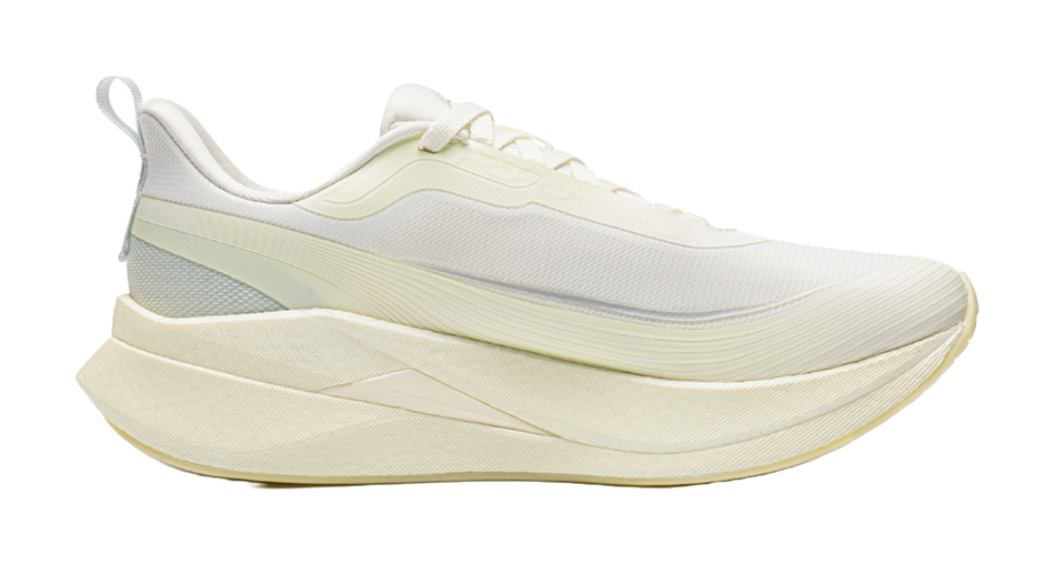 Women's low-top running shoes, off-white upper with pale yellow midsole and light blue stripes