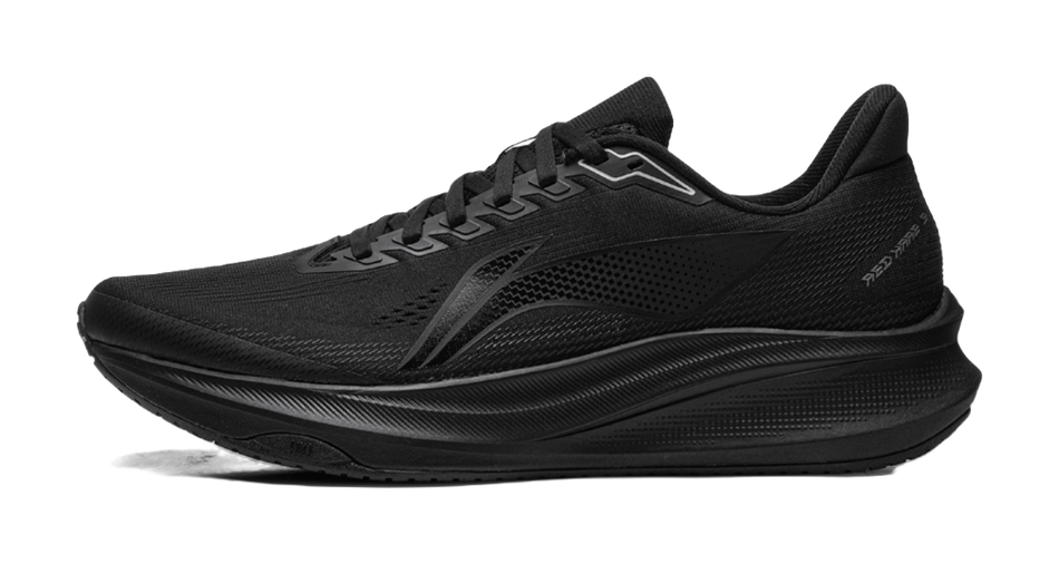 Black lace-up running shoe with textured mesh upper and cushioned sole.