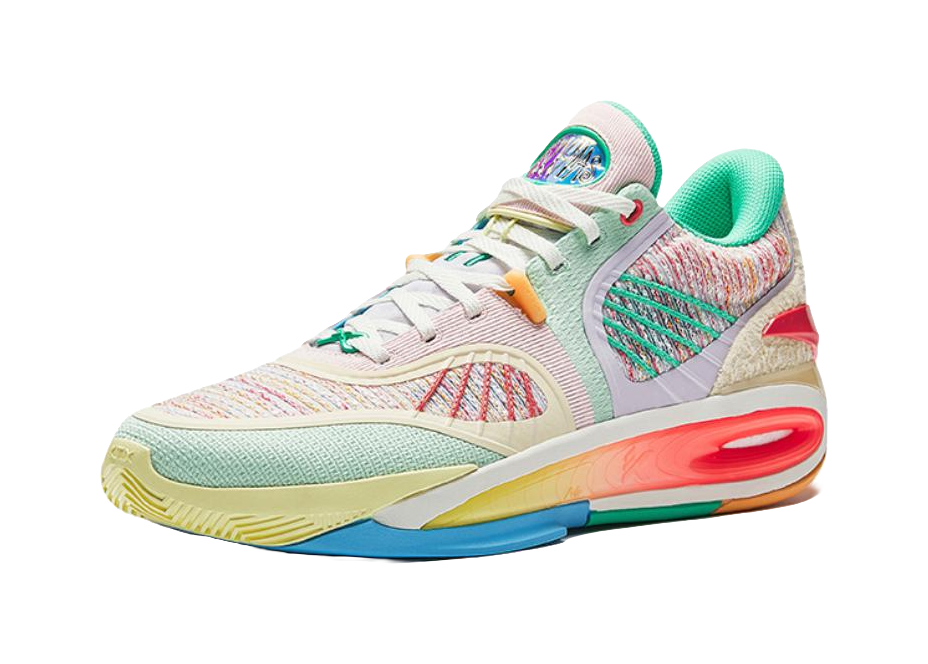 Green basketball shoe, white laces, colorful detailing, green collar, cushioned midsole